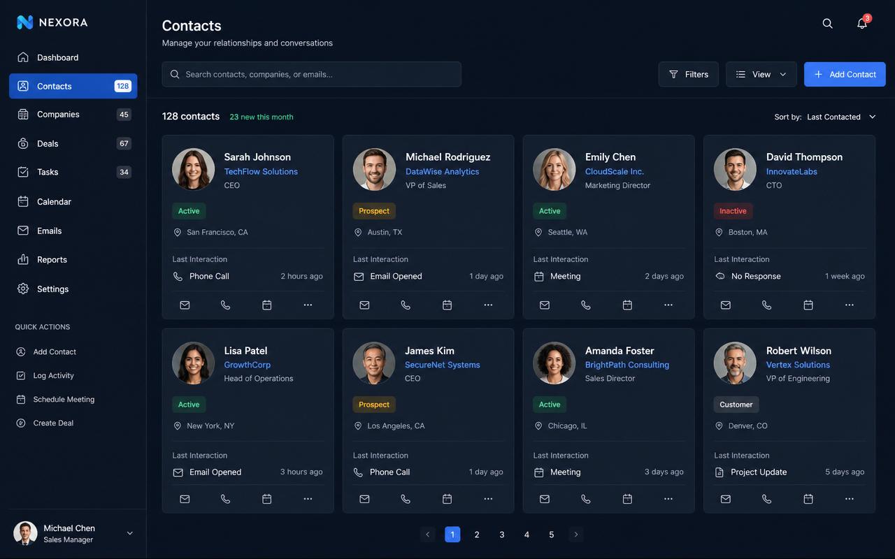 CRM contact management and client cards view